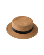 UPF 50+ Flat Brim Sun Camel Straw Boater Hat with Black Ribbon Suitpure