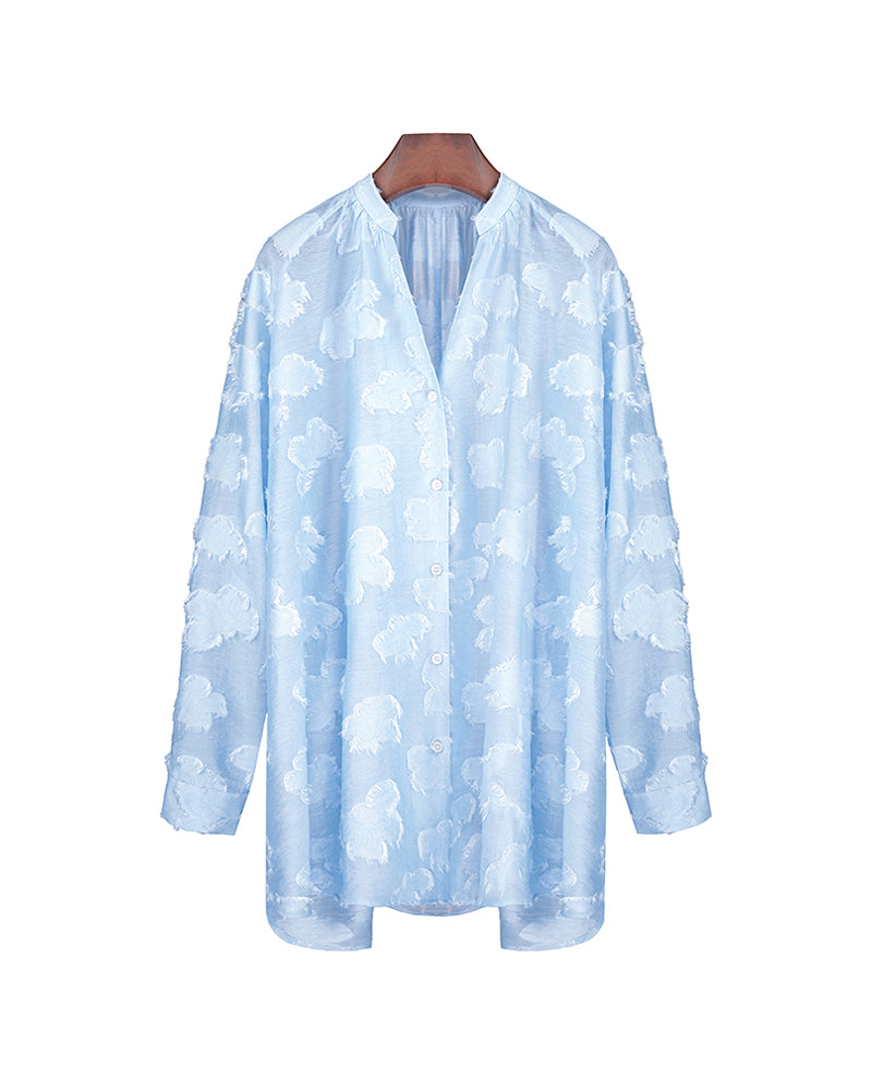 Relaxed Fit Light Blue Textured Jacquard Long Sleeve Blouse