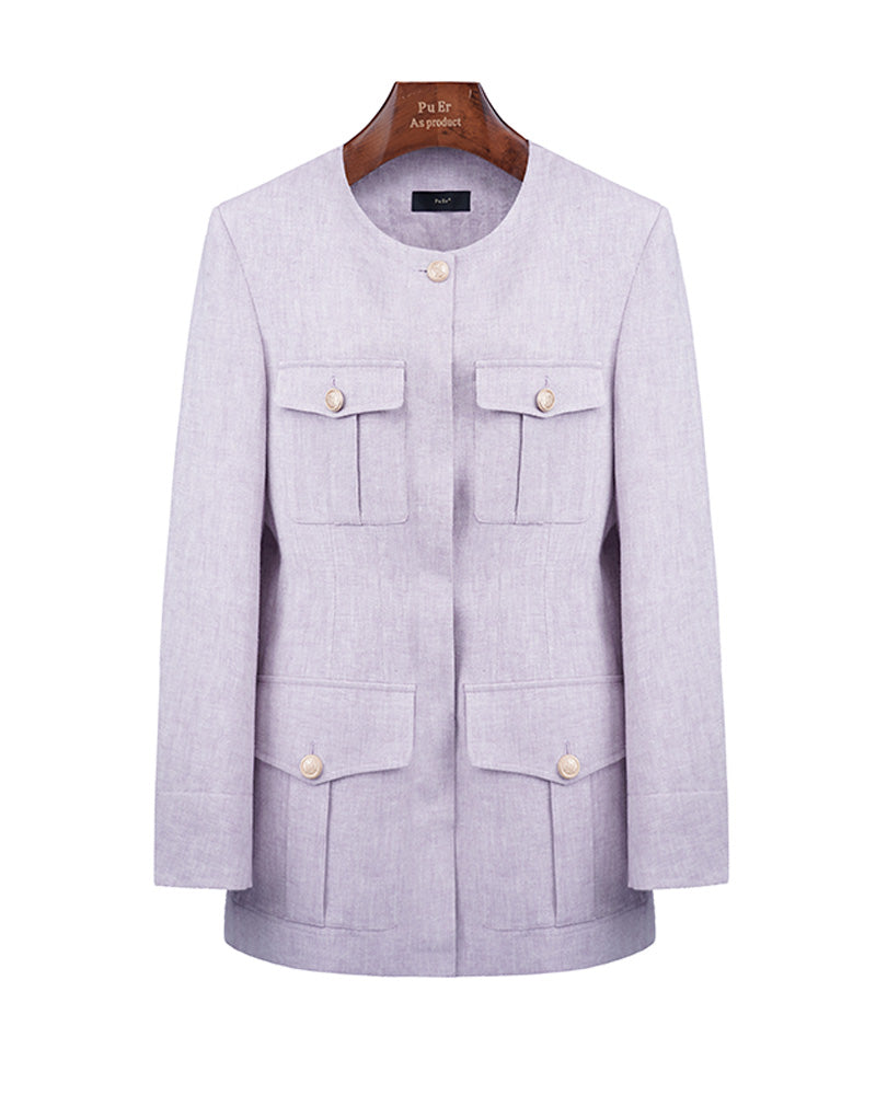 Crystal Purple Collarless Blazer | Patch Pockets Suitpure