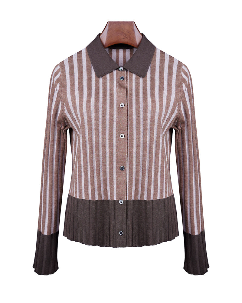 Vertical Stripe Color-Block Lapel Cardigan