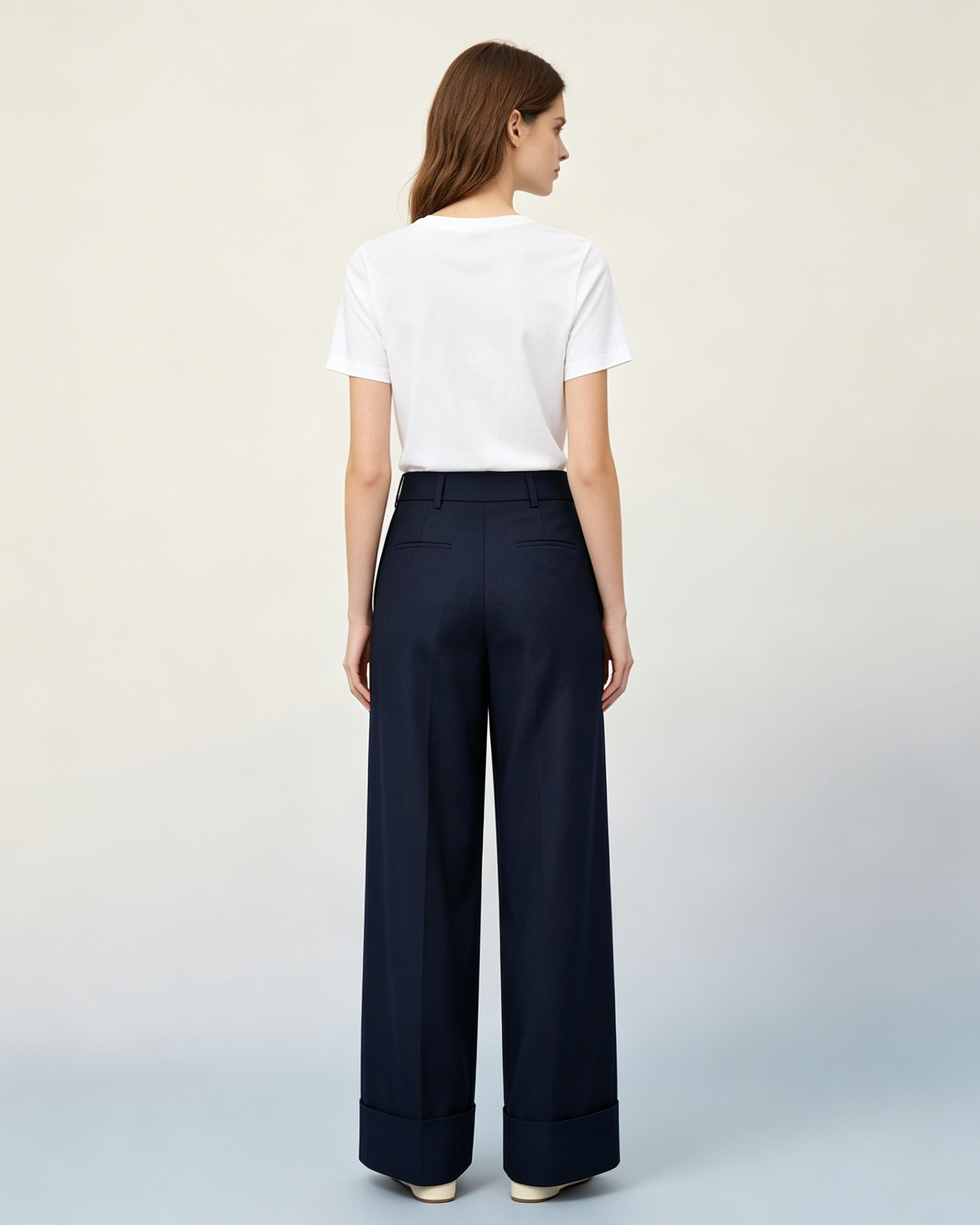 Women Wool Tailored Pleated Palazzo Pants Navy Rolled Cuff Work Trousers