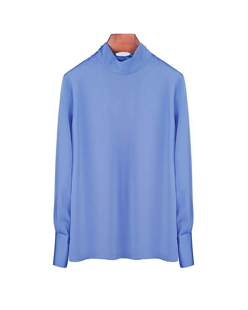 Blue Acetate Blend Tie Neck Satin Blouse