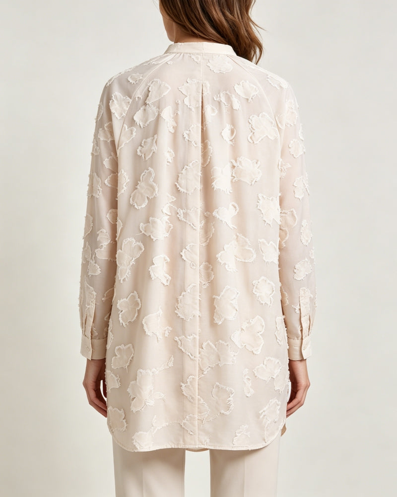 Champagne Butterfly Clipped Jacquard Pleated Mandarin Oversized Blouse Suitpure