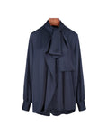 Blue Wave Navy Stand Collar Draped Blouse