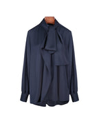 Blue Wave Navy Stand Collar Draped Blouse