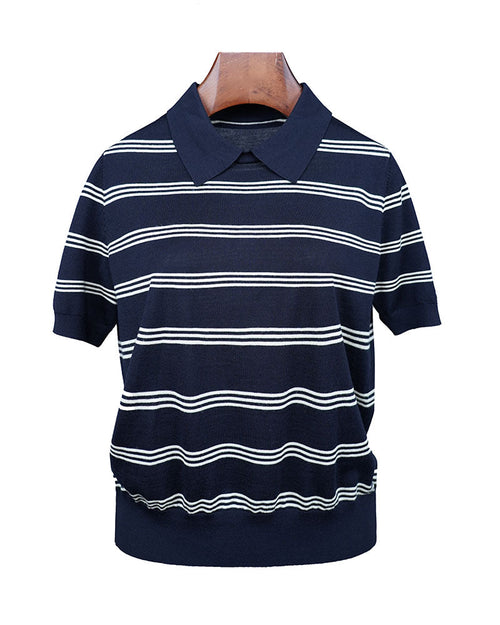 Color-Block Knit Polo Top in Horizontal Stripe Suitpure