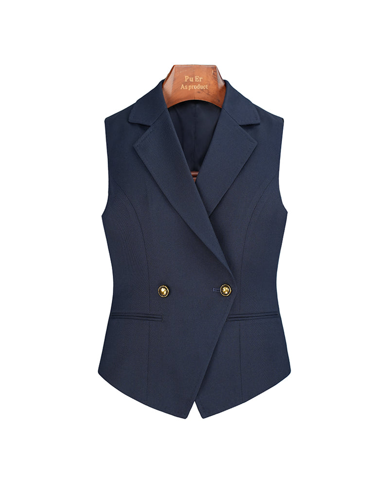 Navy 100% Wool Cavalry Twill Double Breasted Vest with Asymmetric Placket | 100% Wool