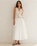 White Breathable Linen Pleated Midi Skirt Suitpure