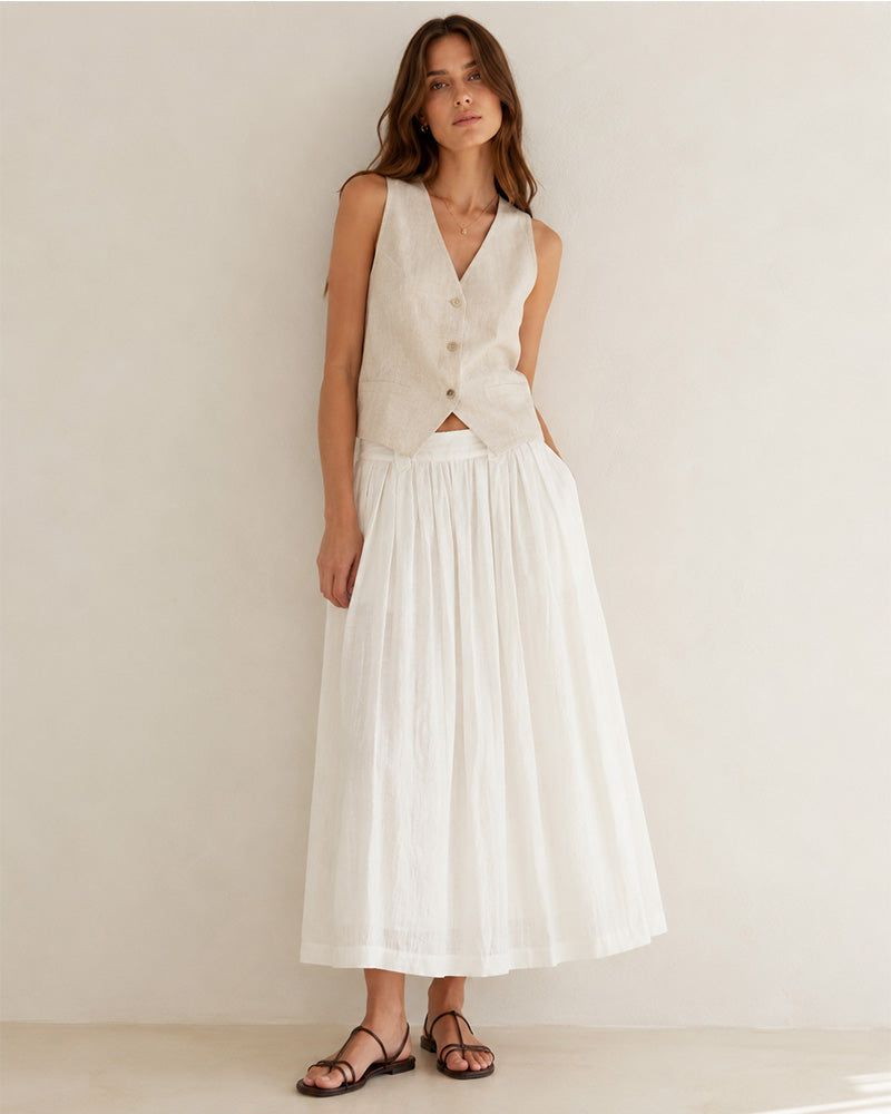 White Breathable Linen Pleated Midi Skirt Suitpure