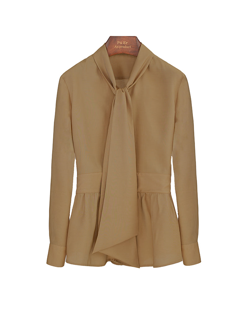 Women's Khaki Bow Tie Neck Silk Tencel & Polyamide Blouse
