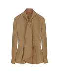 Women's Khaki Bow Tie Neck Silk Tencel & Polyamide Blouse