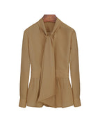 Women's Khaki Bow Tie Neck Silk Tencel & Polyamide Blouse