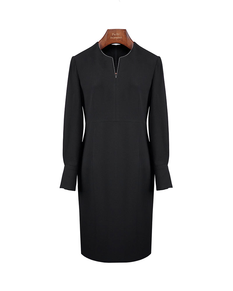 Women Elegant Black V Notch Neck Long Sleeve Sheath Dress for Office Work Suitpure