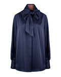 Navy Blue Draped Blouse with Self-Tie Bow Suitpure