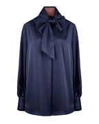 Navy Blue Draped Blouse with Self-Tie Bow Suitpure