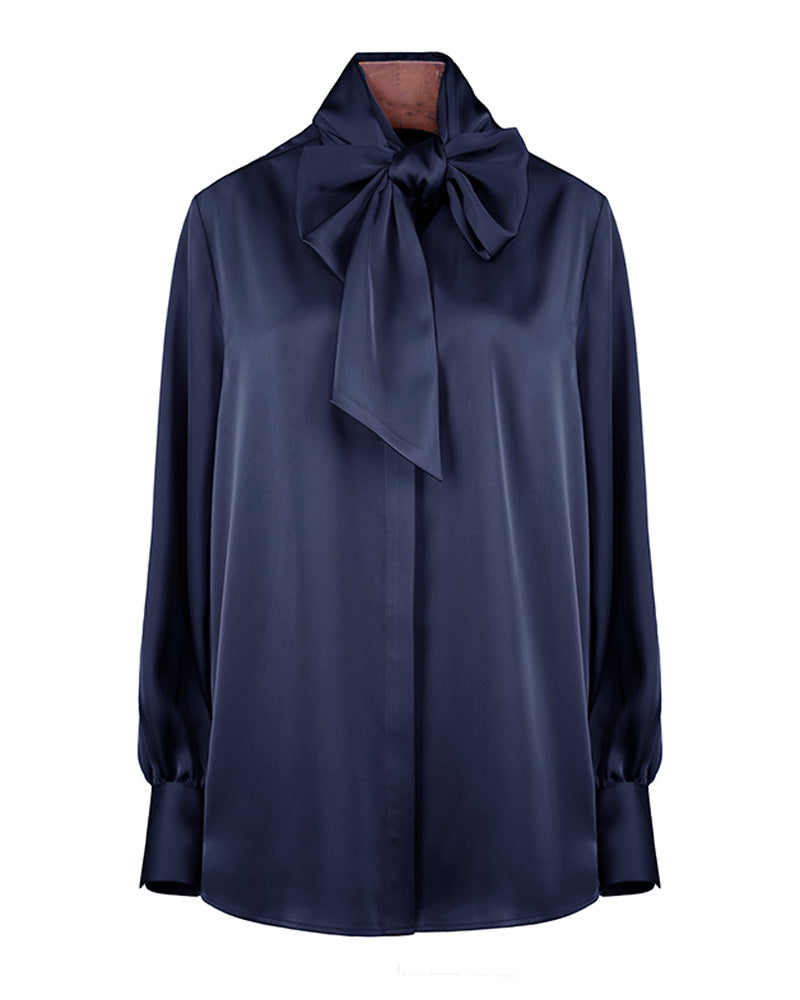 Navy Blue Draped Blouse with Self-Tie Bow Suitpure