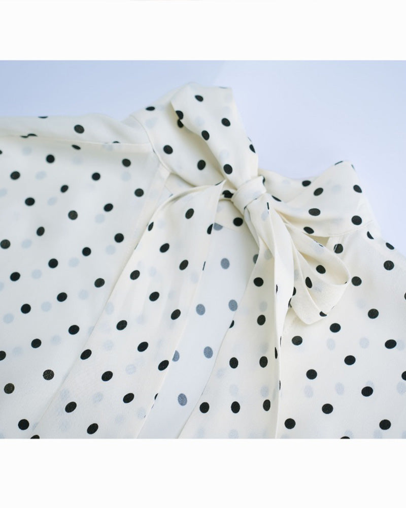 Beige Polka Dot Blouse with Back Tie Detail Suitpure