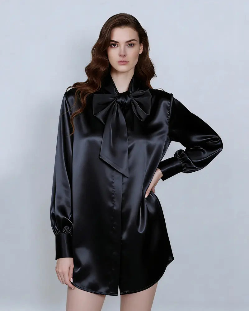 Deep Black Draped Blouse with Self-Tie Bow Detail Suitpure