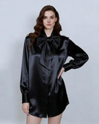Deep Black Draped Blouse with Self-Tie Bow Detail Suitpure