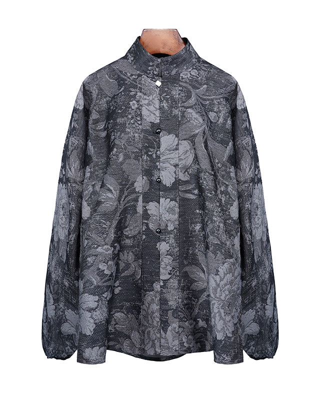 Embossed Floral Mandarin Shirt Jacket