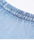Mist Blue Ruched Denim A-Line Maxi Skirt with Elastic Waist Suitpure
