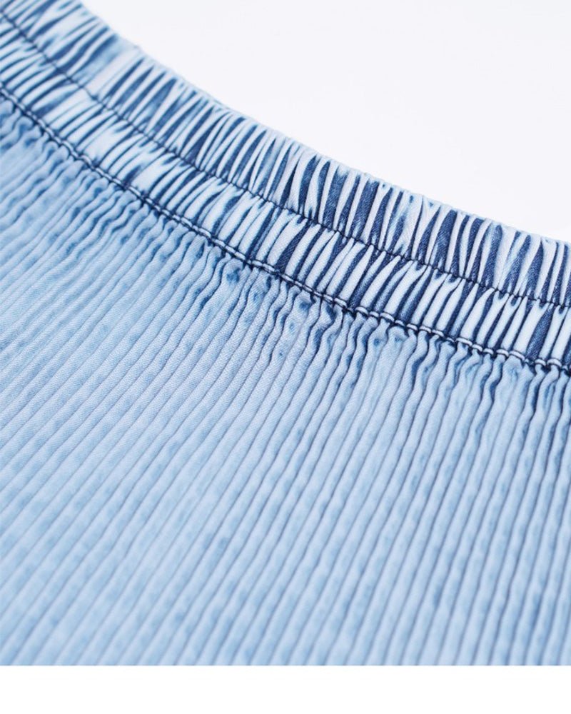 Mist Blue Ruched Denim A-Line Maxi Skirt with Elastic Waist Suitpure