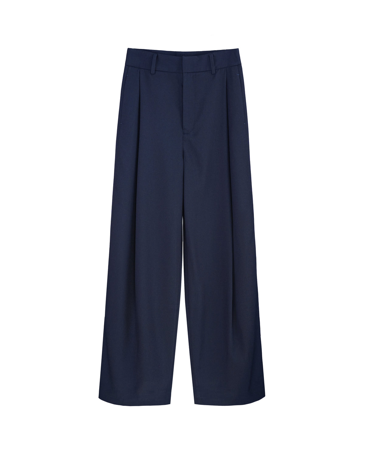 Navy 100% Wool Cavalry Twill Straight Trousers with Single Side Pleat | 100% Wool