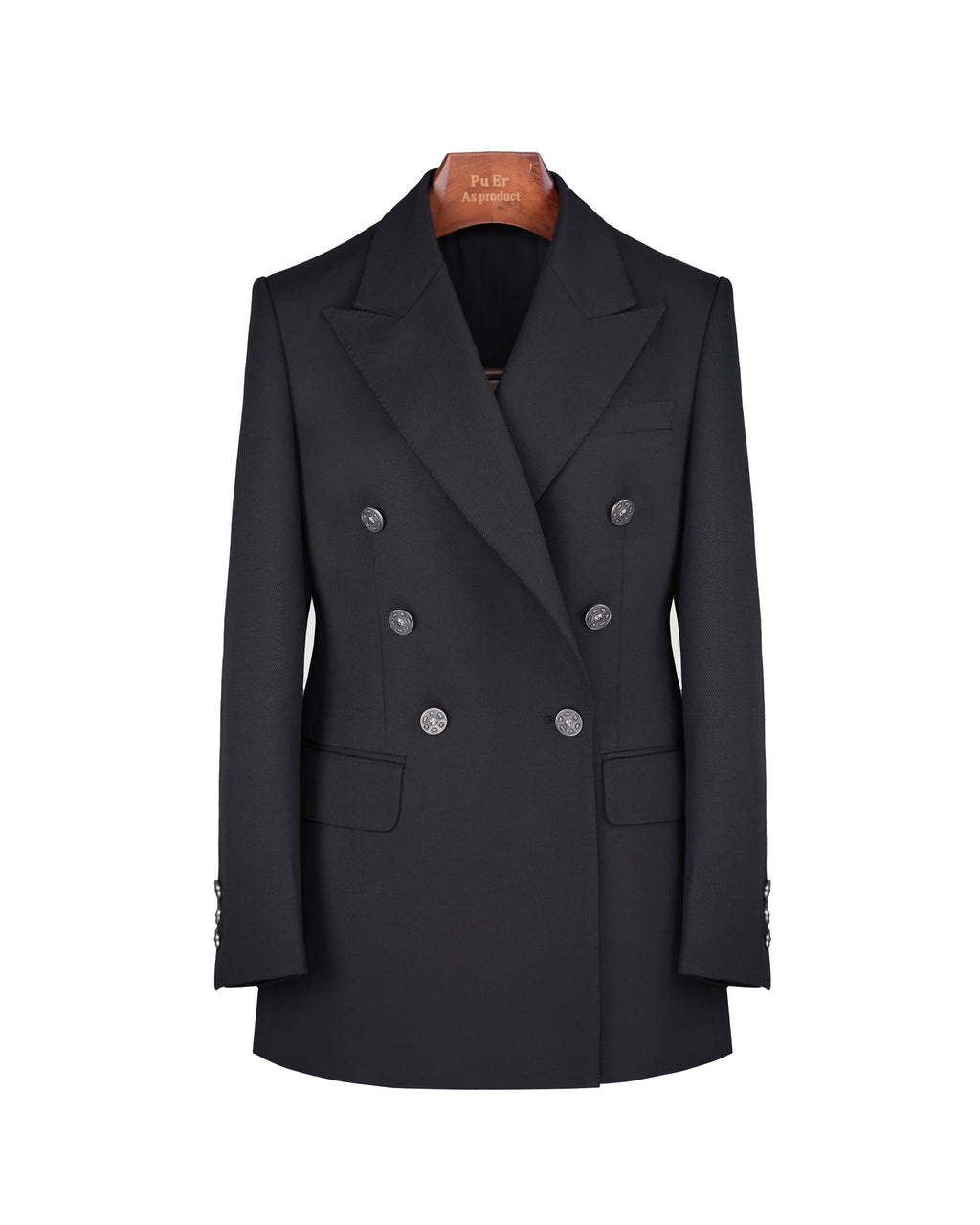 Black 100% Wool Cavalry Twill Double Breasted Blazer | 100% Wool