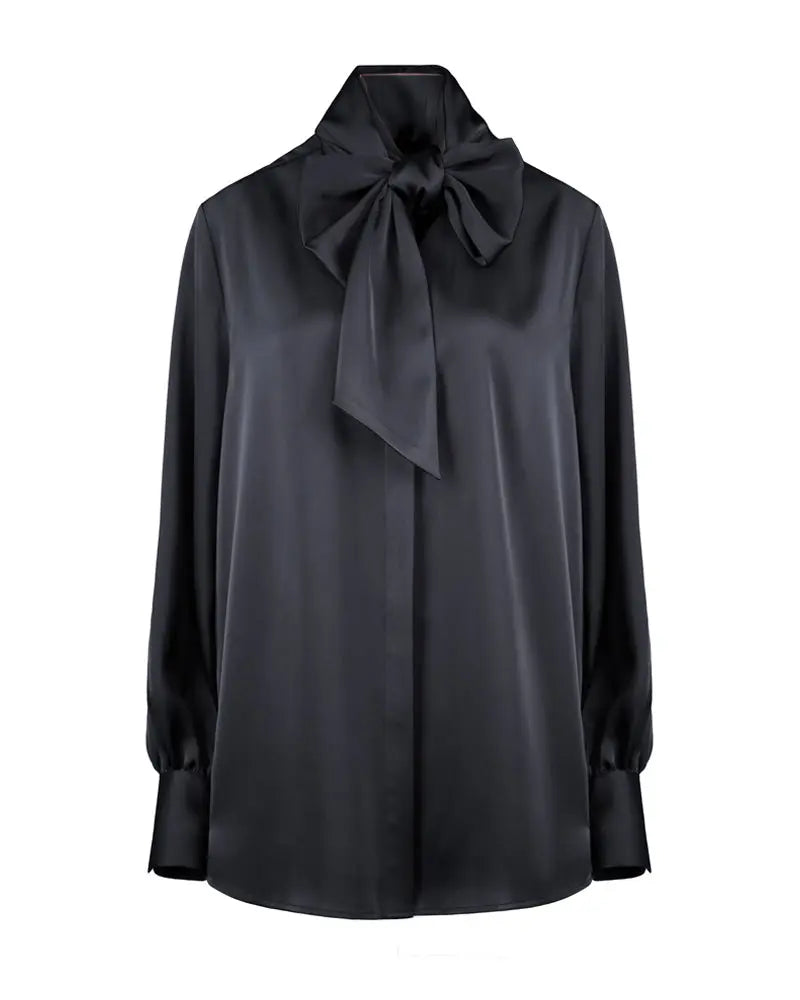 Deep Black Draped Blouse with Self-Tie Bow Detail Suitpure