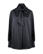 Deep Black Draped Blouse with Self-Tie Bow Detail Suitpure