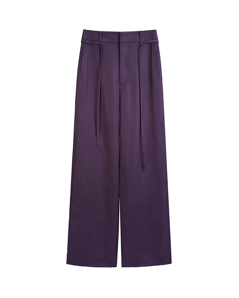 Elegant Purple High Waist Tie Belt Straight Wide Leg Trousers Suitpure
