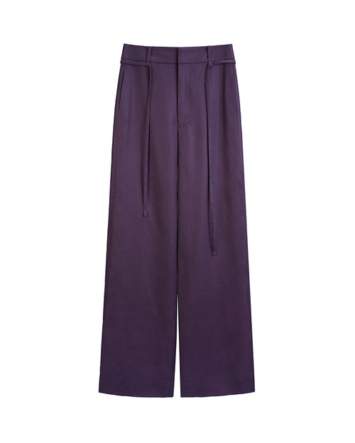 Elegant Purple High Waist Tie Belt Straight Wide Leg Trousers Suitpure
