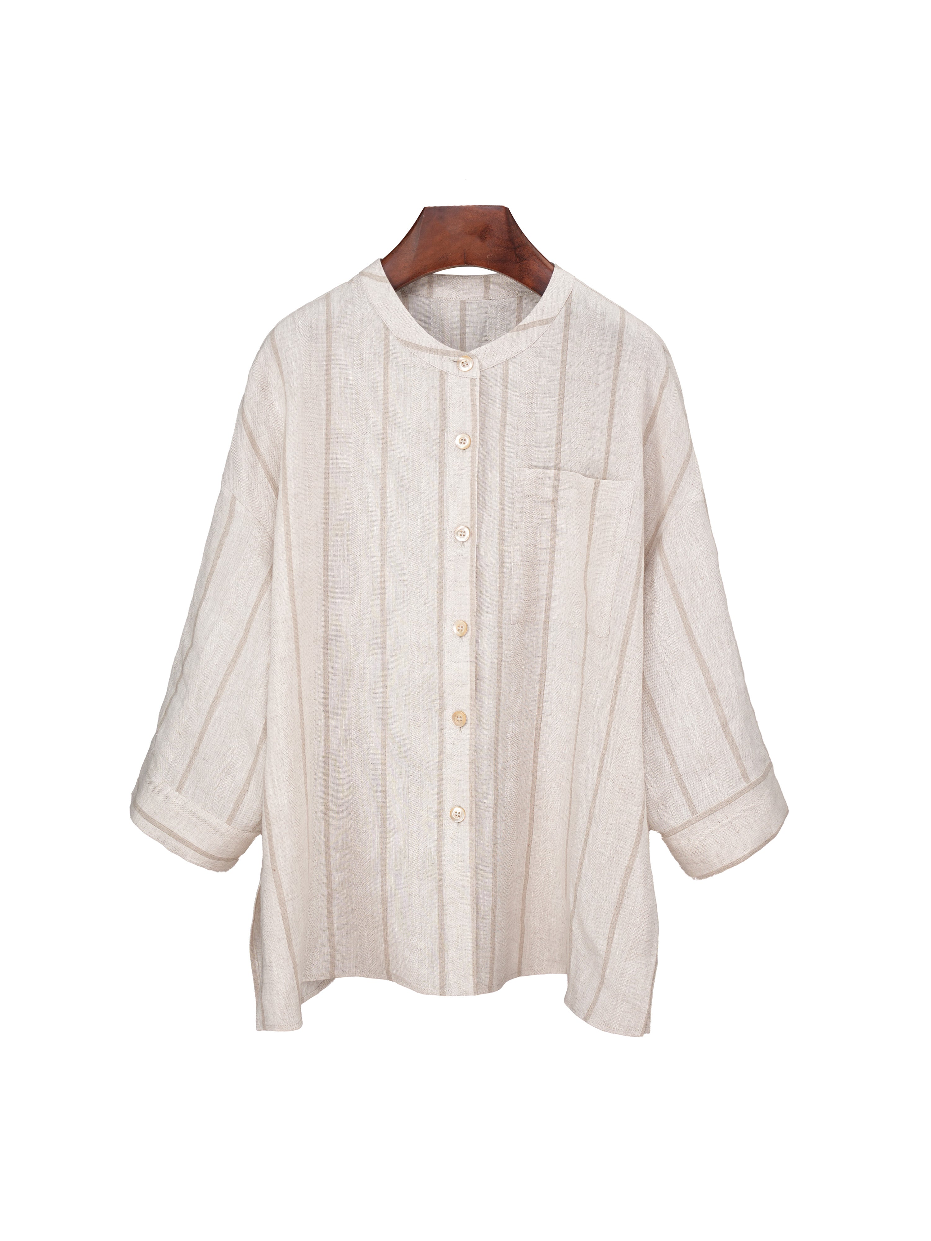 Dew-Retted Linen Striped 3/4 Sleeve Relaxed Blouse Suitpure