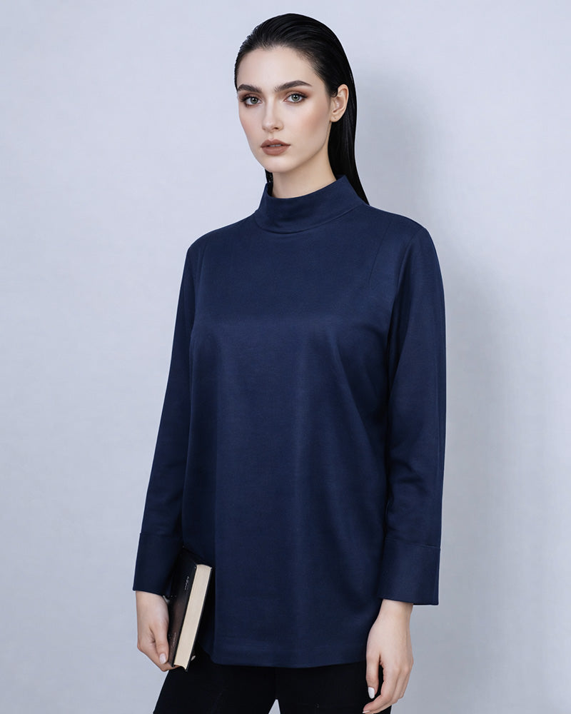 Navy Silk Linen Mandarin Collar Pullover Blouse