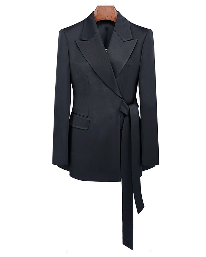 Acetate Satin Belted Blazer | Self-Tie Waist Suitpure