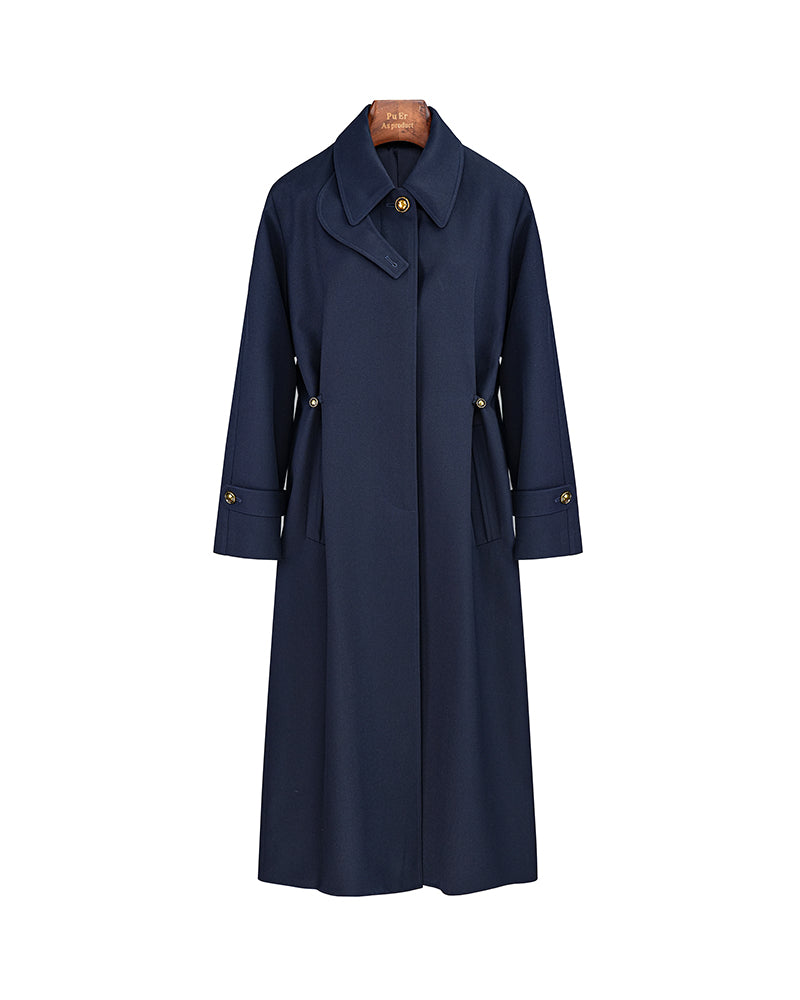 Navy 100% Wool Cavalry Twill Adjustable Waist Trench Coat| 100% Wool