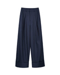 Women Wool Tailored Pleated Palazzo Pants Navy Rolled Cuff Work Trousers