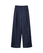 Women Wool Tailored Pleated Palazzo Pants Navy Rolled Cuff Work Trousers
