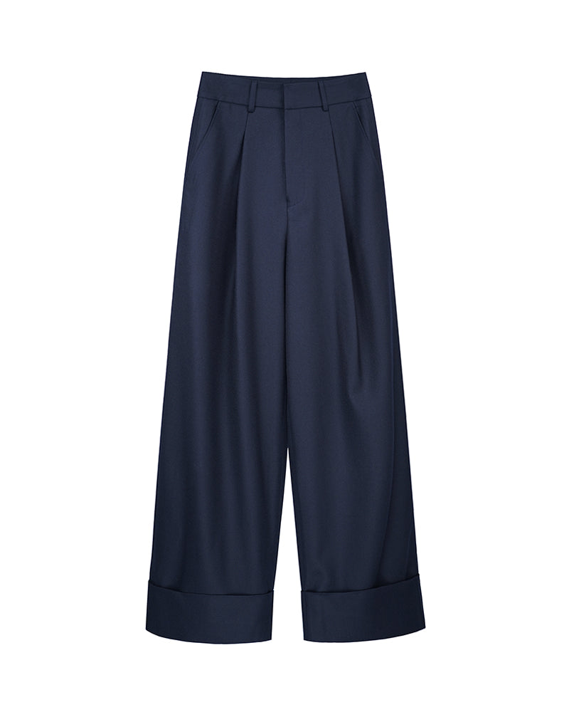 Women Wool Tailored Pleated Palazzo Pants Navy Rolled Cuff Work Trousers