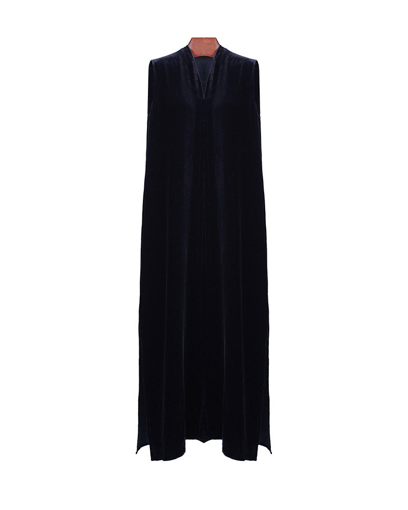 Deep Black Velvet V-Neck Sleeveless Maxi Dress