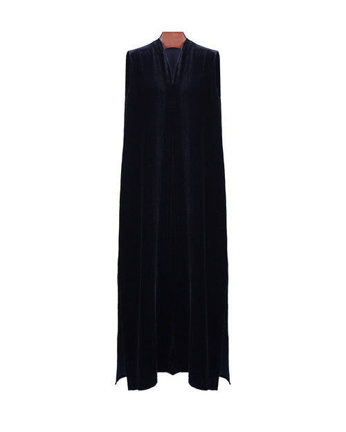 Deep Black Velvet V-Neck Sleeveless Maxi Dress Suitpure