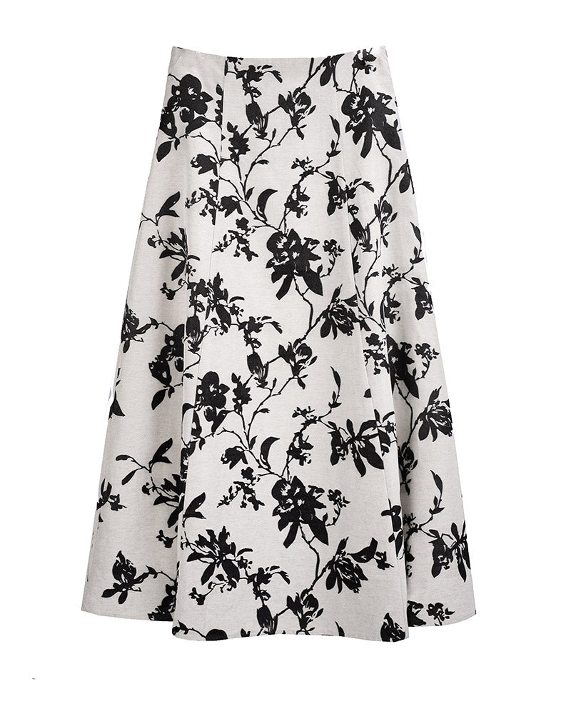 Cotton Linen Blend A-Line Skirt with Jacquard Pattern