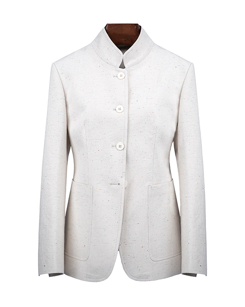 Cotton Twill Mandarin Blazer | Speckled Yarn Texture Suitpure