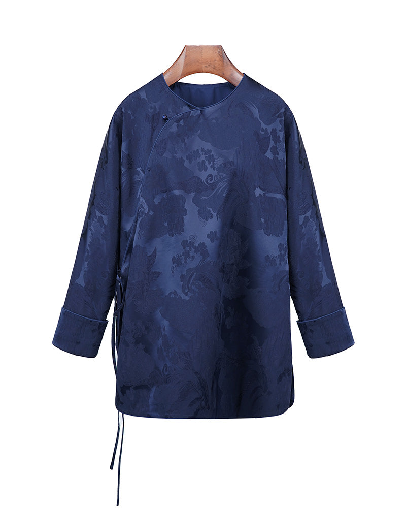 Oriental-Inspired Jacquard Coat in Blue