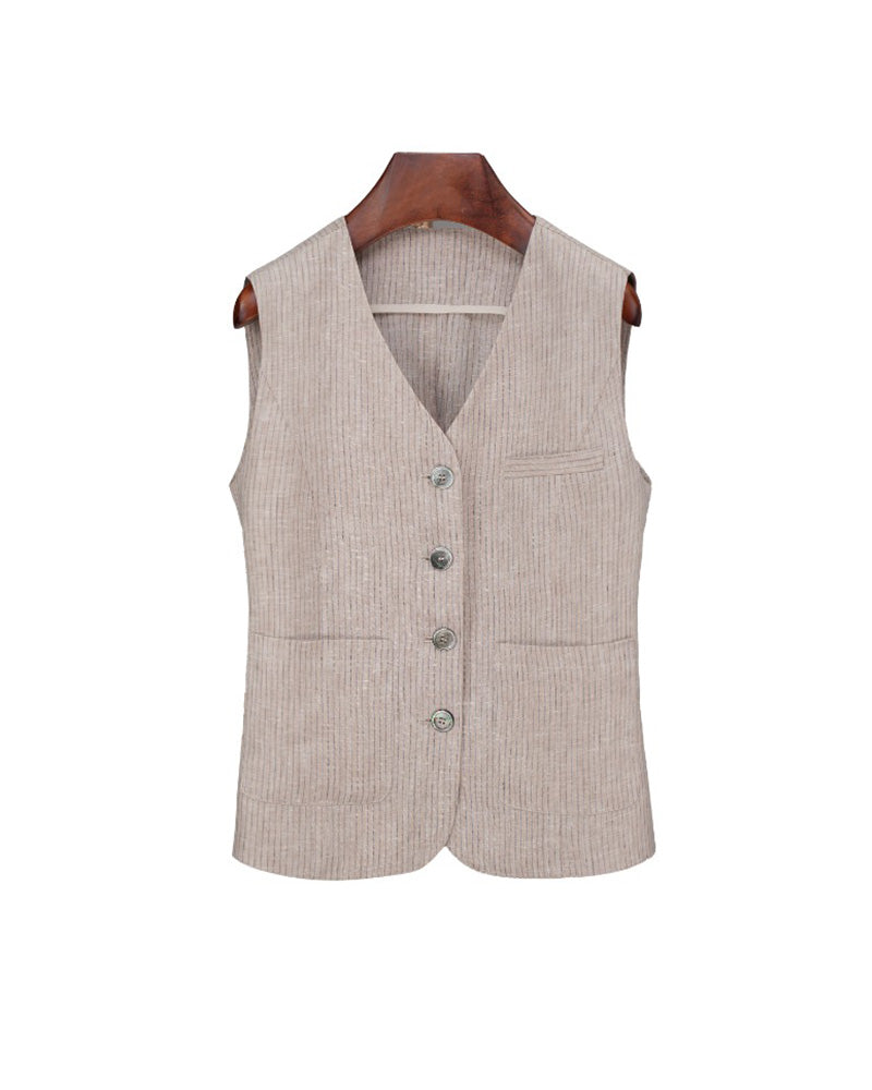 Relaxed Fit Linen Stripe Vest & Wide-Leg Pants Set Suitpure