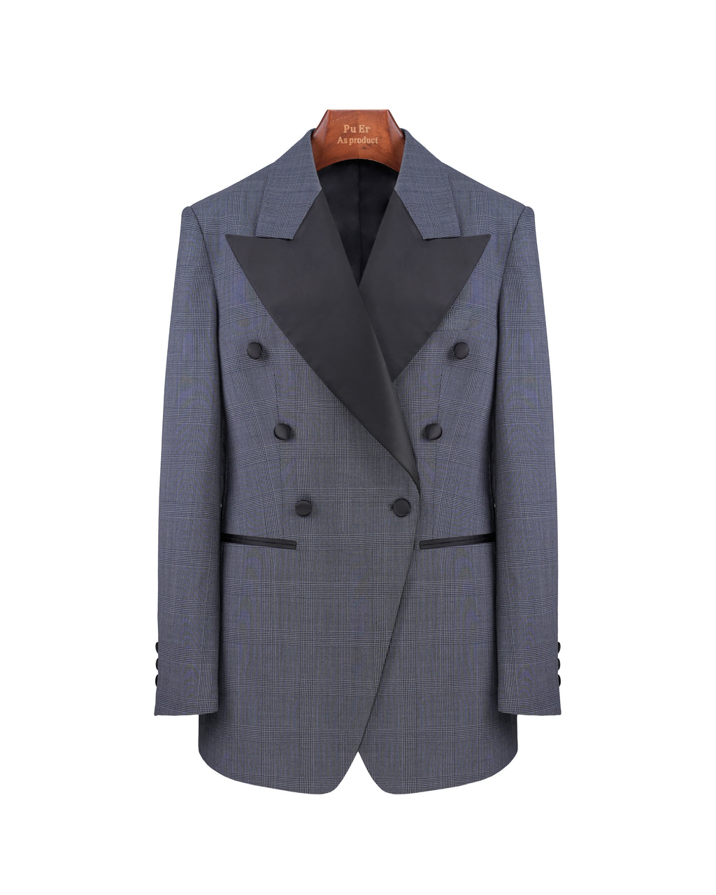 100% Wool Dark Grey Prince of Wales Check Satin‑Trimmed Formal Blazer