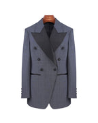 100% Wool Dark Grey Prince of Wales Check Satin‑Trimmed Formal Blazer