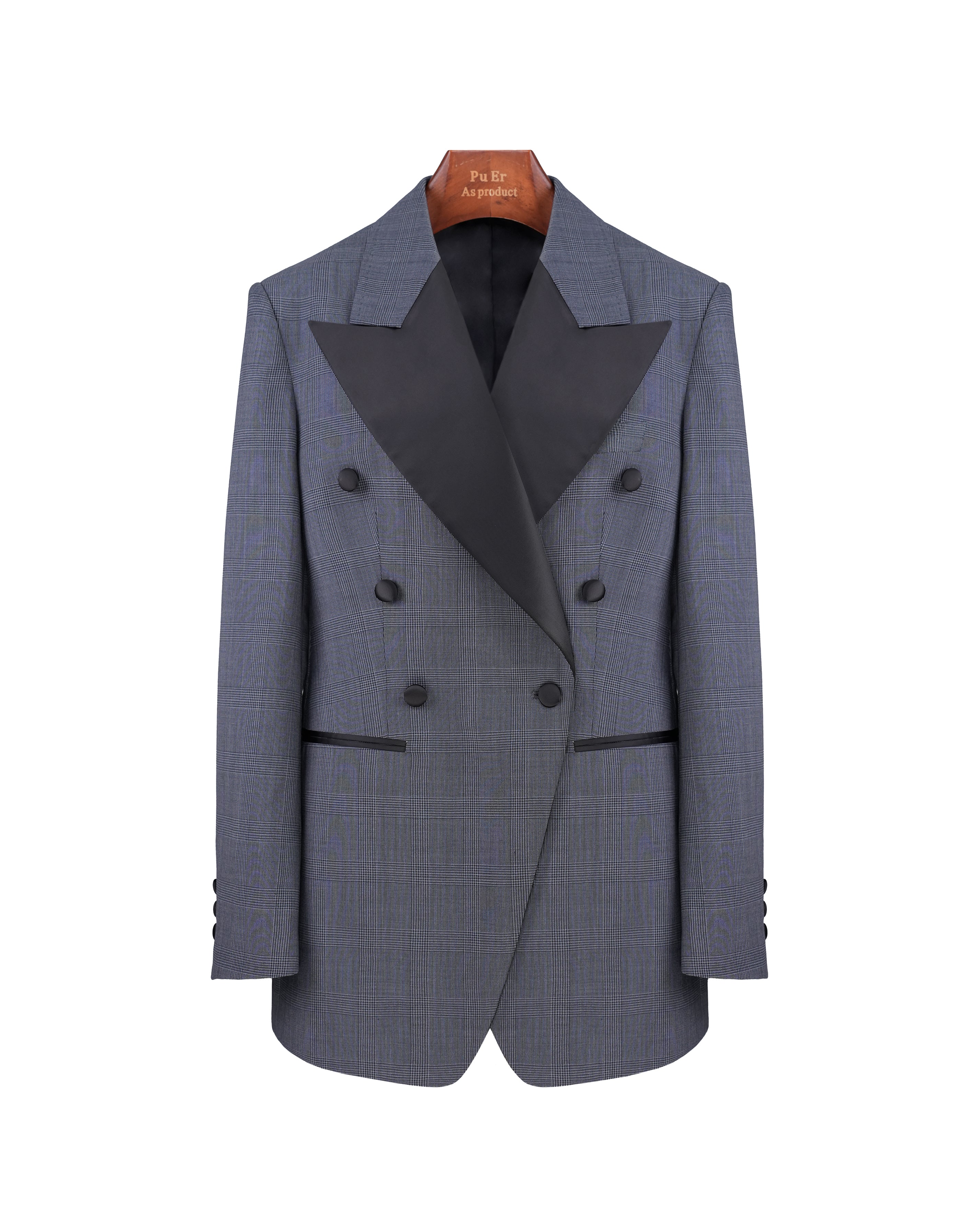 100% Wool Dark Grey Prince of Wales Check Satin‑Trimmed Formal Blazer