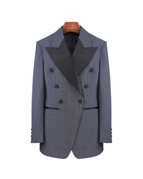 100% Wool Dark Grey Prince of Wales Check Satin‑Trimmed Formal Blazer