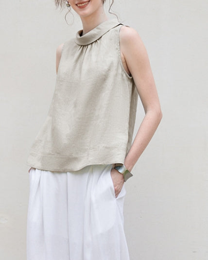 Sleeveless Linen Top with Ruffled Neckline Suitpure